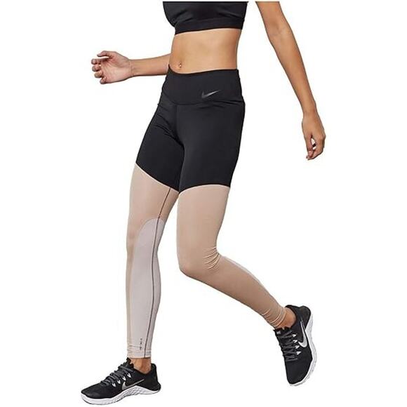 Nike Womens Power Pocket Lux Training Tight Leggings XS Black Beige Active Gym - Picture 2 of 13